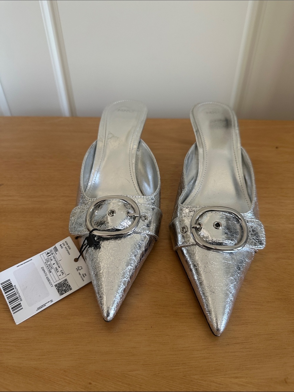 Mango Silver Pointed-Toe Buckle Mules
